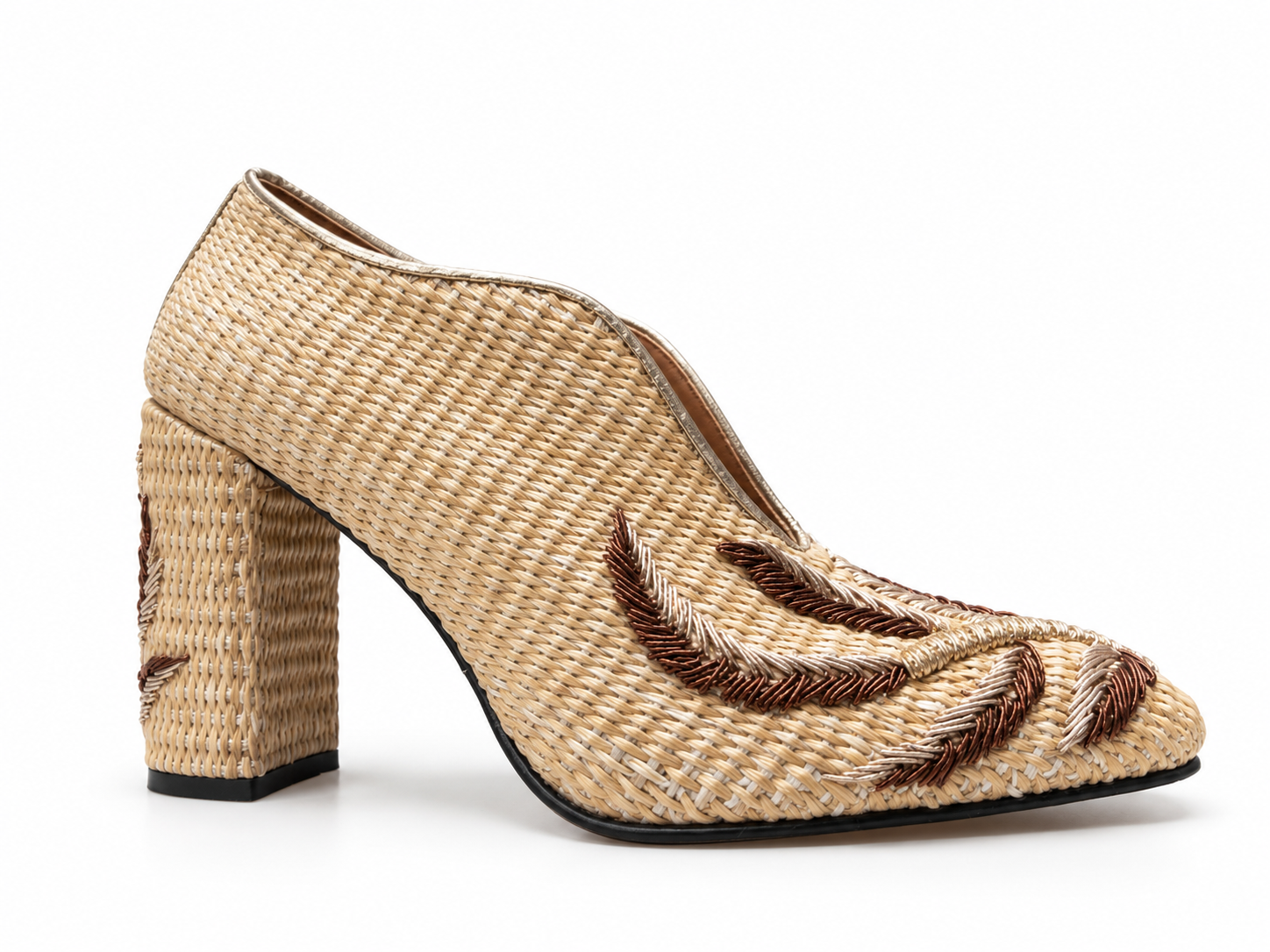 Embroidered Straw Block Heels