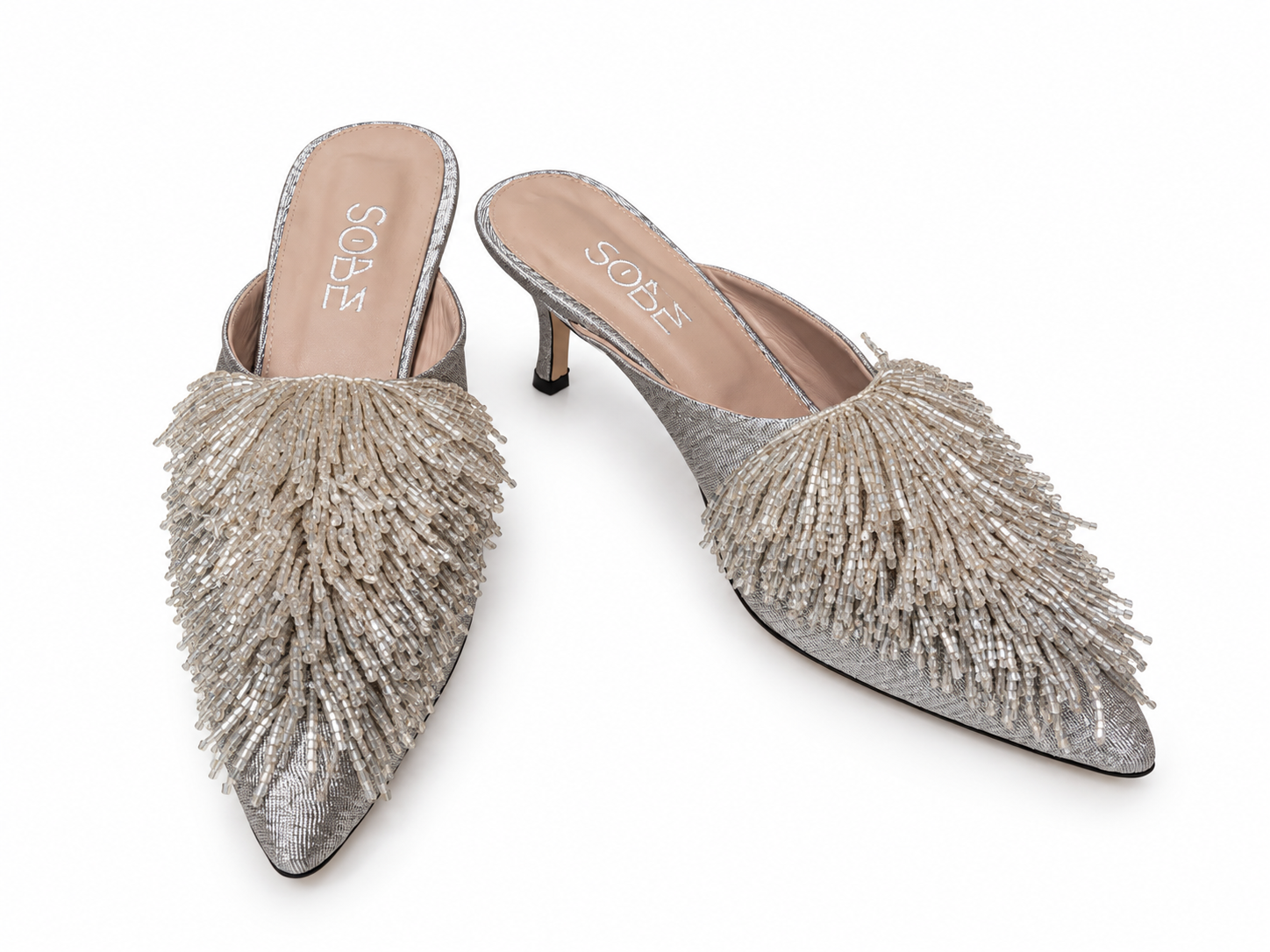 Beaded Silver Low Heels