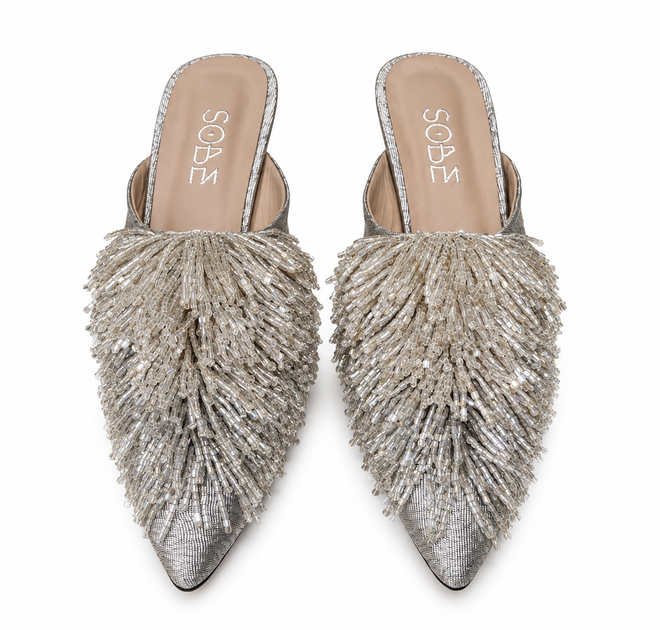 Beaded Silver Low Heels