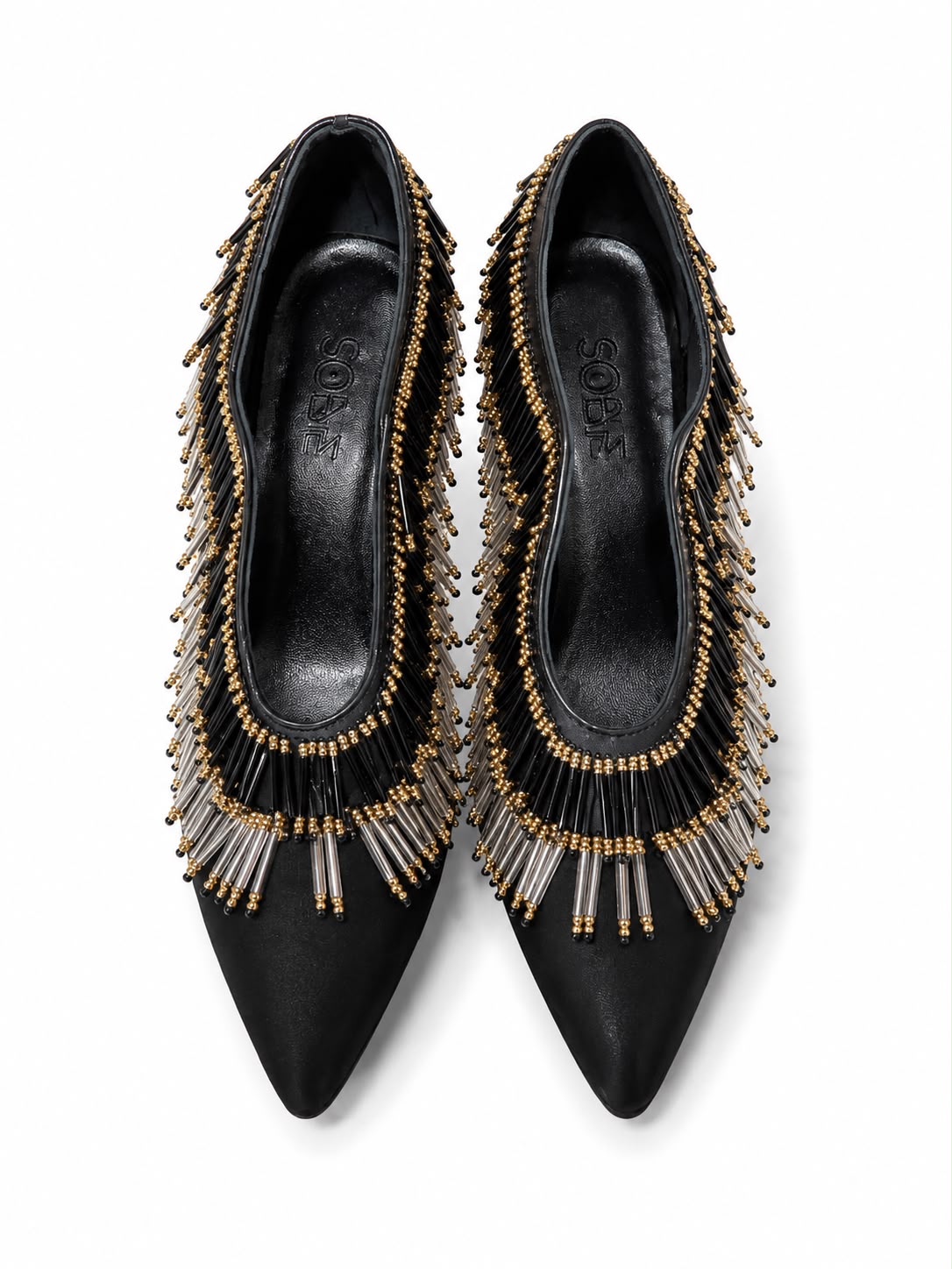 Beaded Satin Black Pumps
