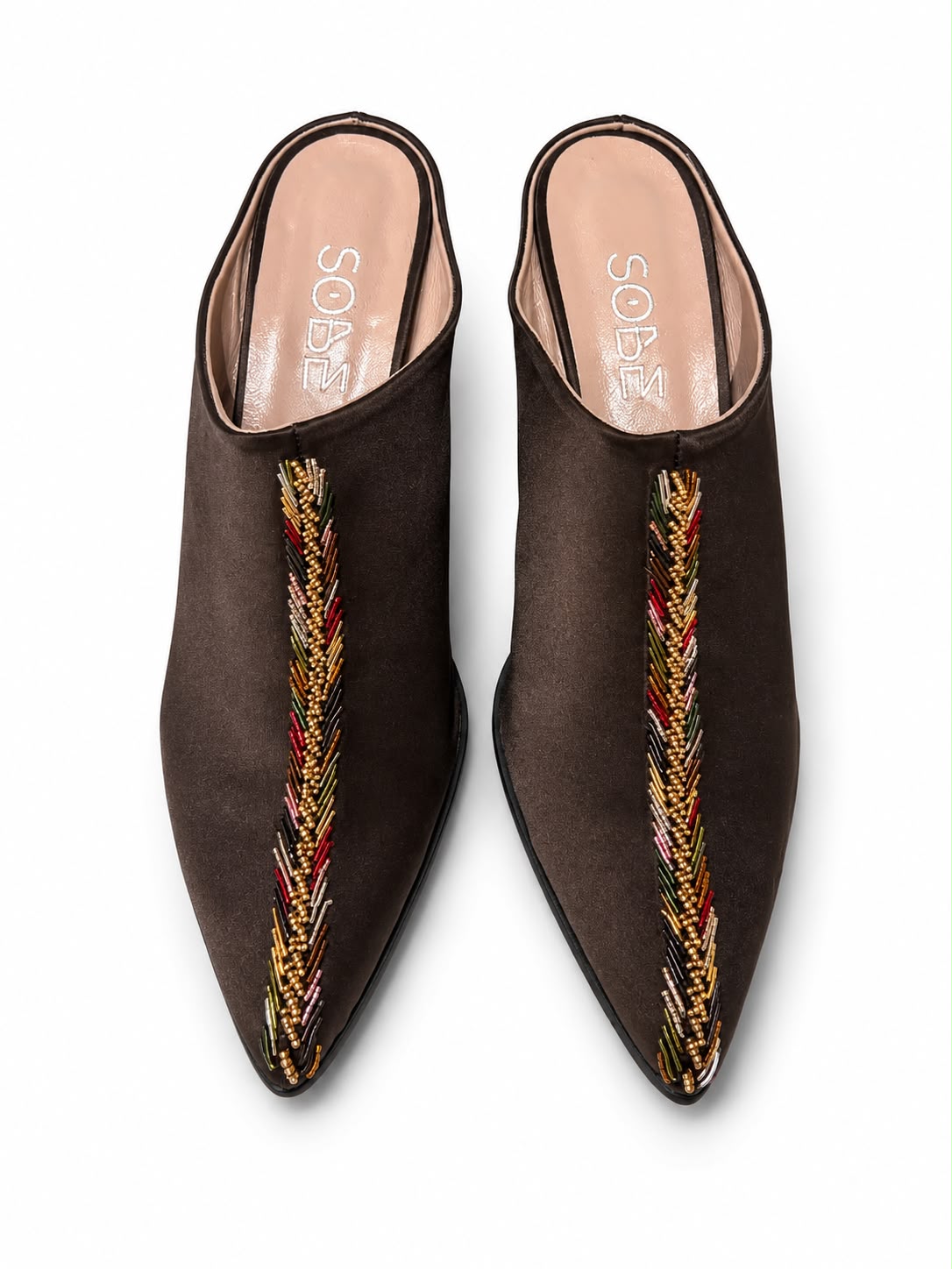 Embroidered Satin Brown Heels