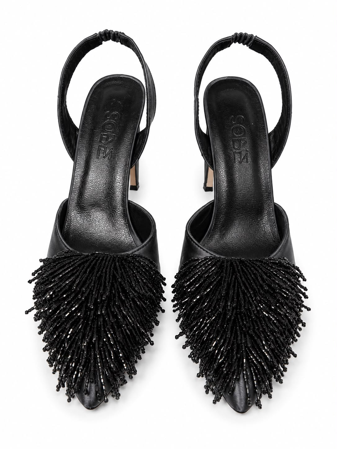 Jet-Black Beaded Satin Heels