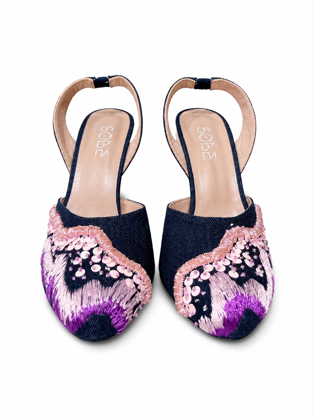 Embroidered Denim Heels
