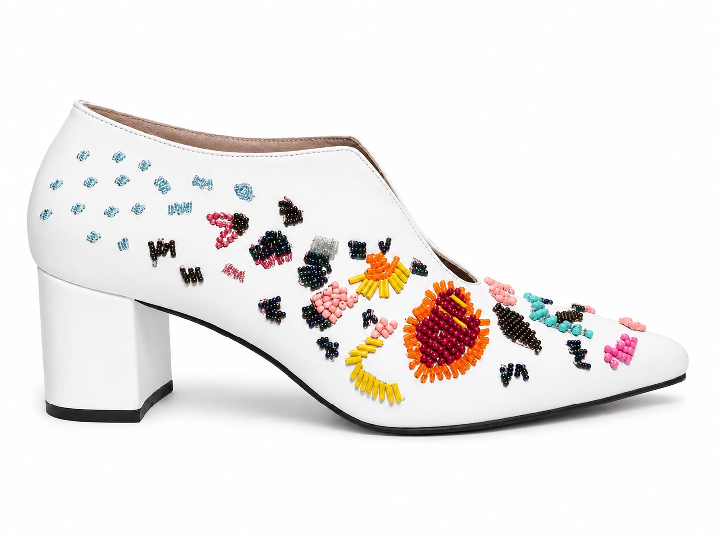 Floral White Leather Heels