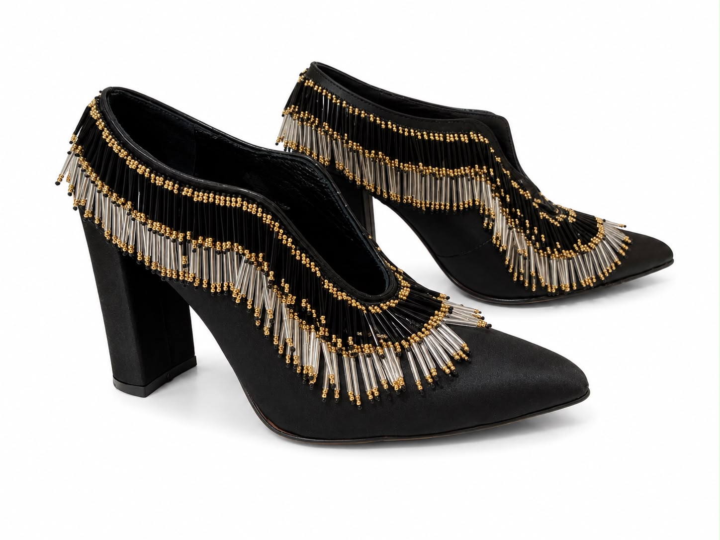 Beaded Satin Black Pumps
