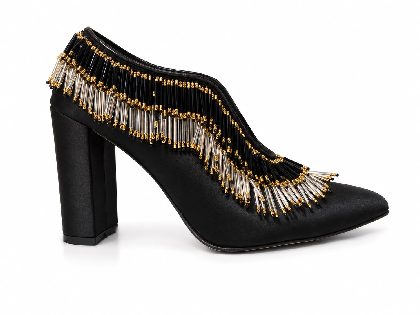 Beaded Satin Black Pumps