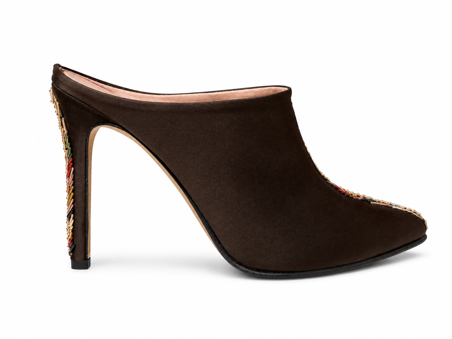 Embroidered Satin Brown Heels
