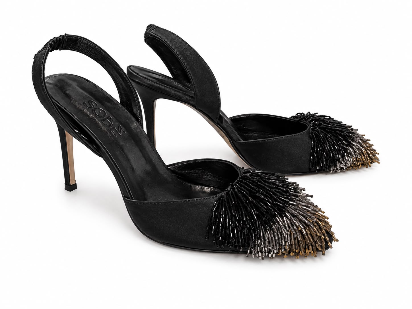 Beaded Satin Black Heels