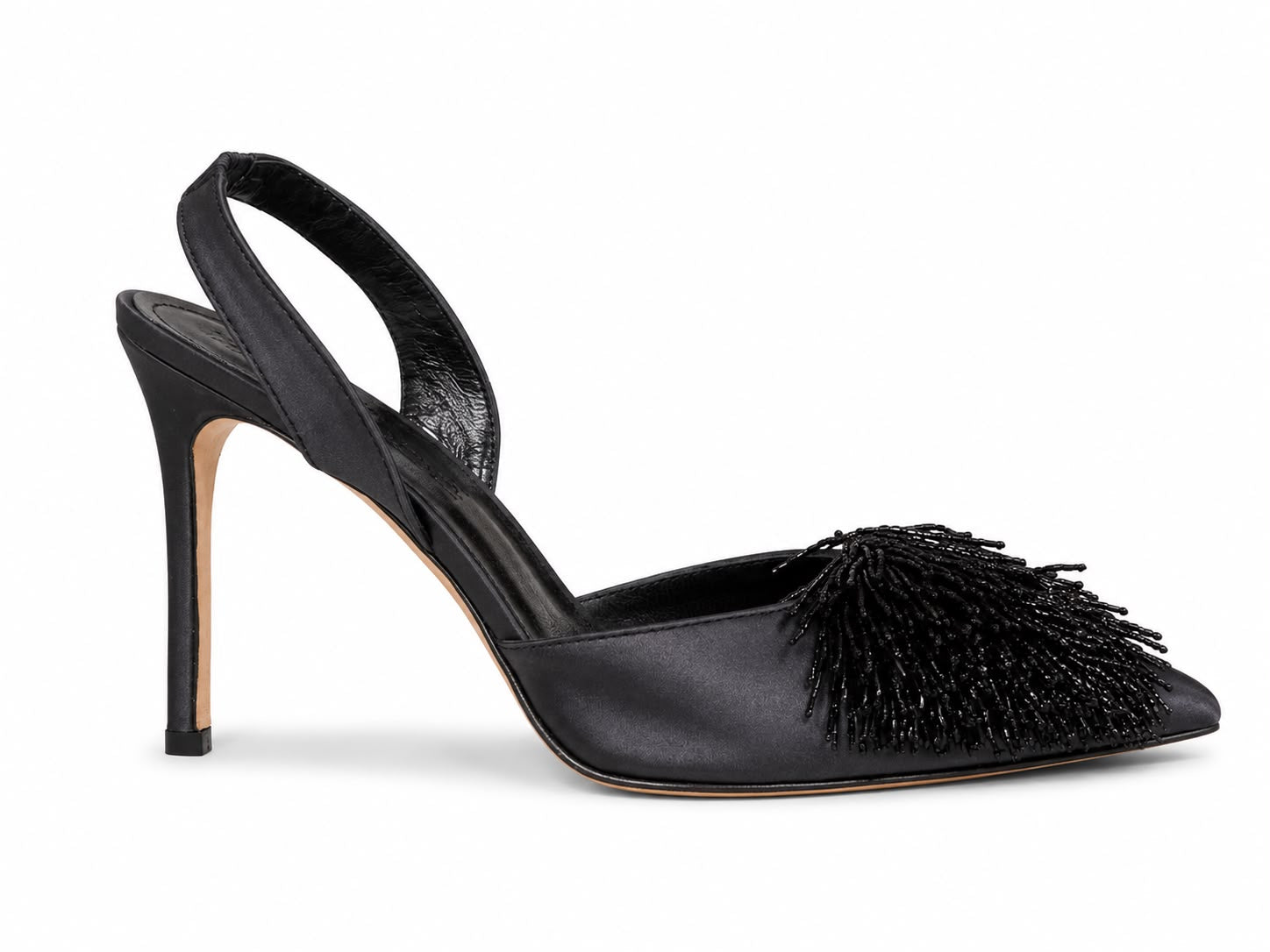 Jet-Black Beaded Satin Heels