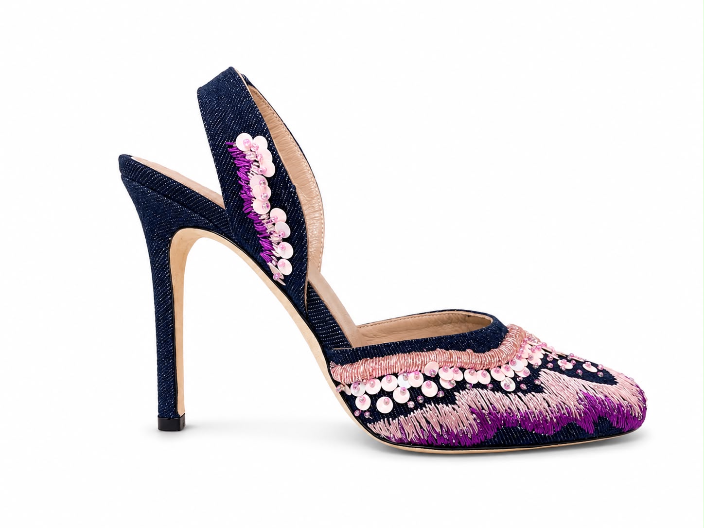 Embroidered Denim Heels