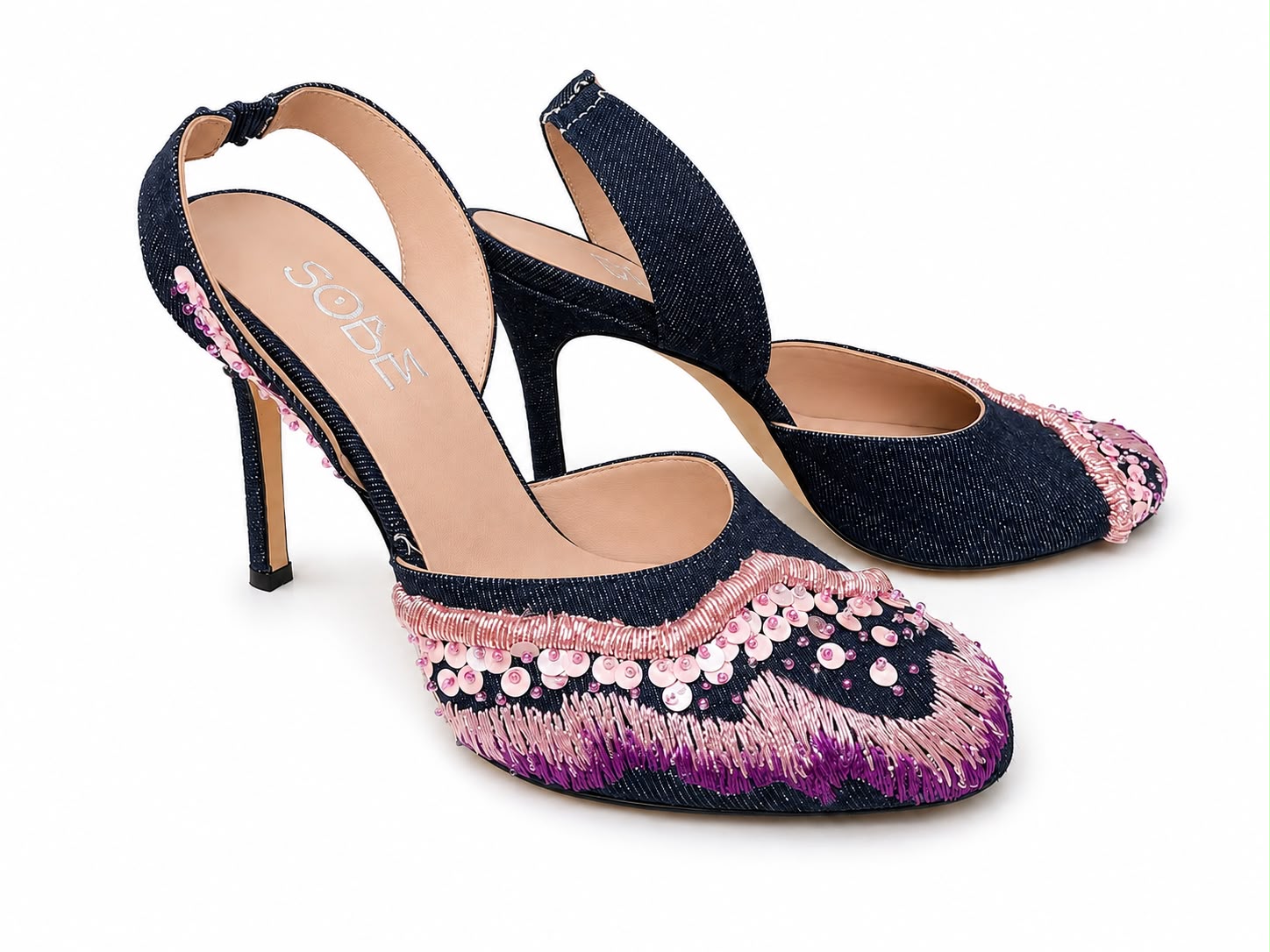 Embroidered Denim Heels
