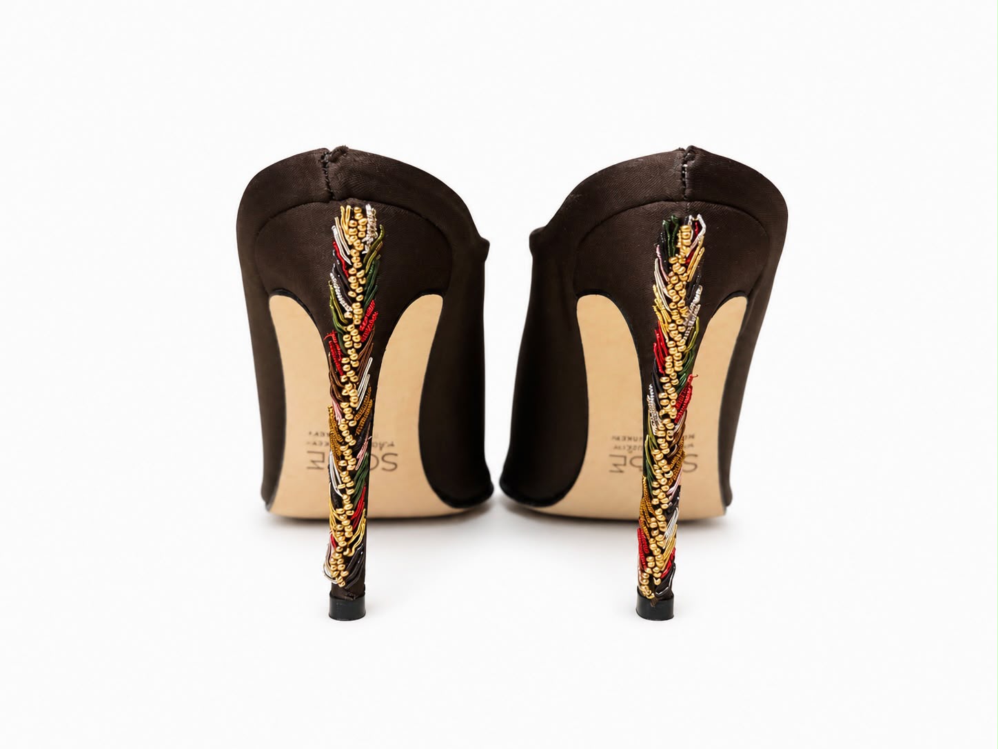 Embroidered Satin Brown Heels