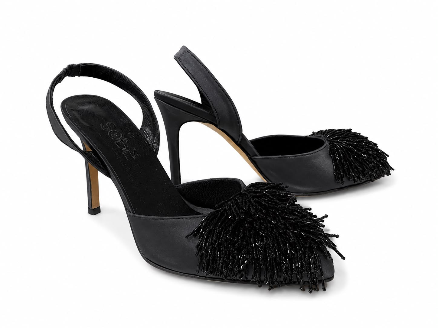 Jet-Black Beaded Satin Heels