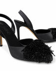 Jet-Black Beaded Satin Heels