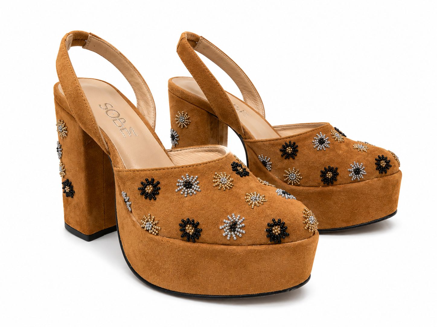 Beaded Suede Platform Heels